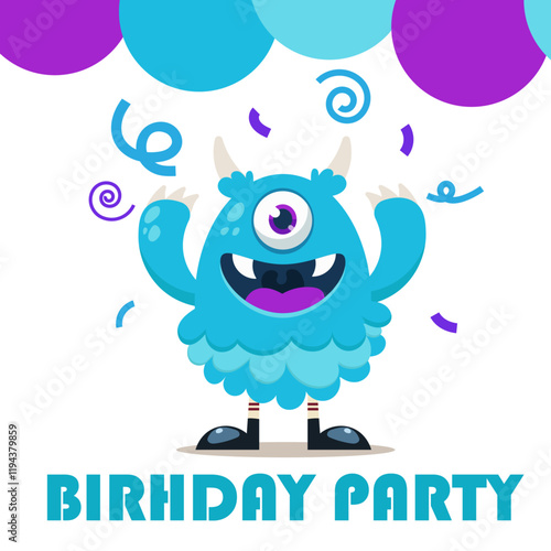 Fun and colorful vector illustration of a cheerful blue one-eyed monster celebrating birrhday with confetti and playful swirls. 