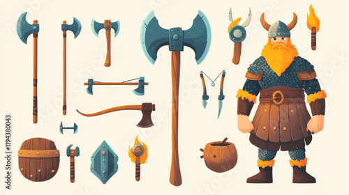 Cartoon viking and different types of weapon. ancient scandinavian warrior with axe, sword, hammer, bow with quiver, spear and torch, mace or wooden shield. Game or fairy tale personage Vector set photo