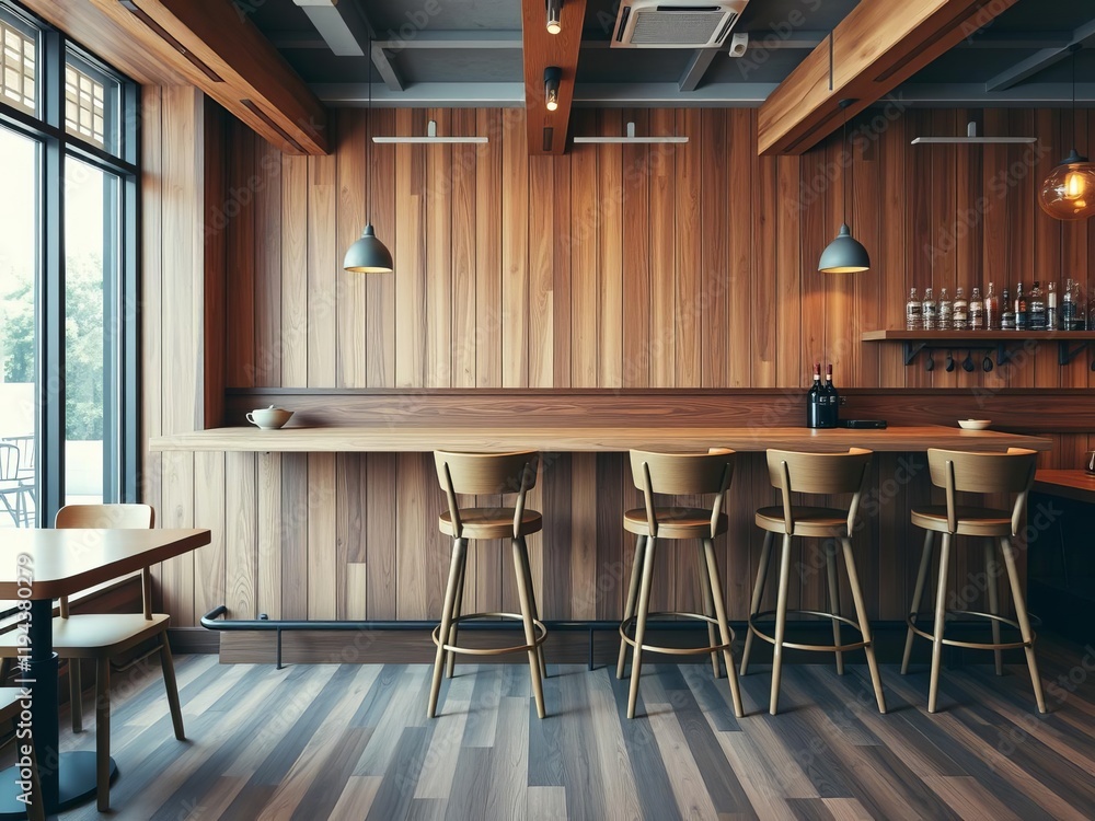 Wooden bar counter with high stools in a cafe or restaurant, featuring a mix of retro and modern contemporary design elements, high stools, wood Wooden bar counter with high stools in a cafe or restaurant, featuring a mix of retro and modern contemporary design elements, high stools, wood