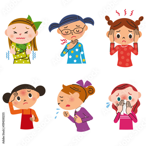 風邪や病気などを表現している女の子のイラスト