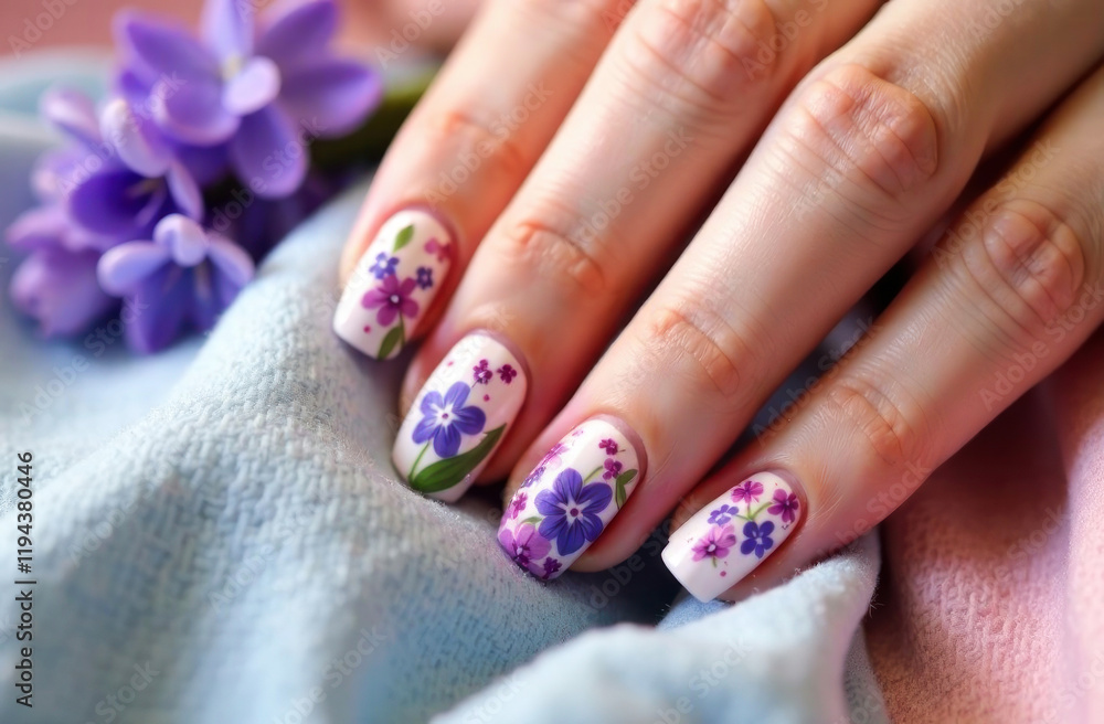 A beautifully designed floral nail rests on soft fabric, surrounded by vibrant flowers, radiating creativity A beautifully designed floral nail rests on soft fabric, surrounded by vibrant flowers, radiating creativity
