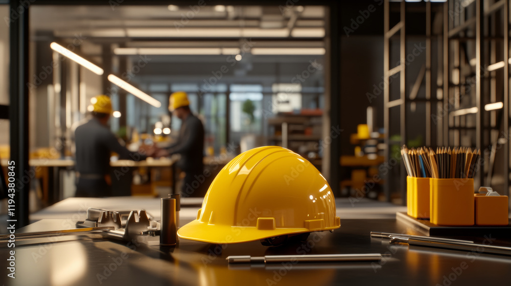 yellow helmet and tools are placed on sleek desk in modern workspace, reflecting professional atmosphere. Workers are engaged in tasks in background, showcasing teamwork yellow helmet and tools are placed on sleek desk in modern workspace, reflecting professional atmosphere. Workers are engaged in tasks in background, showcasing teamwork