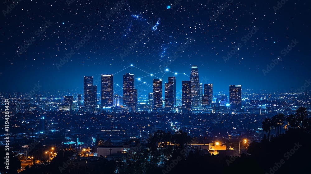 Fototapeta premium Night cityscape, starlit sky, connected buildings, urban development, technology illustration