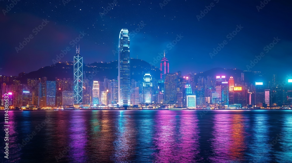 Fototapeta premium Night cityscape, vibrant skyline, harbor reflection, starlit sky, urban travel