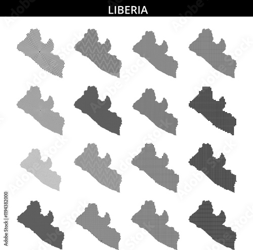 Map outline of Liberia created using dot pattern with geographical details