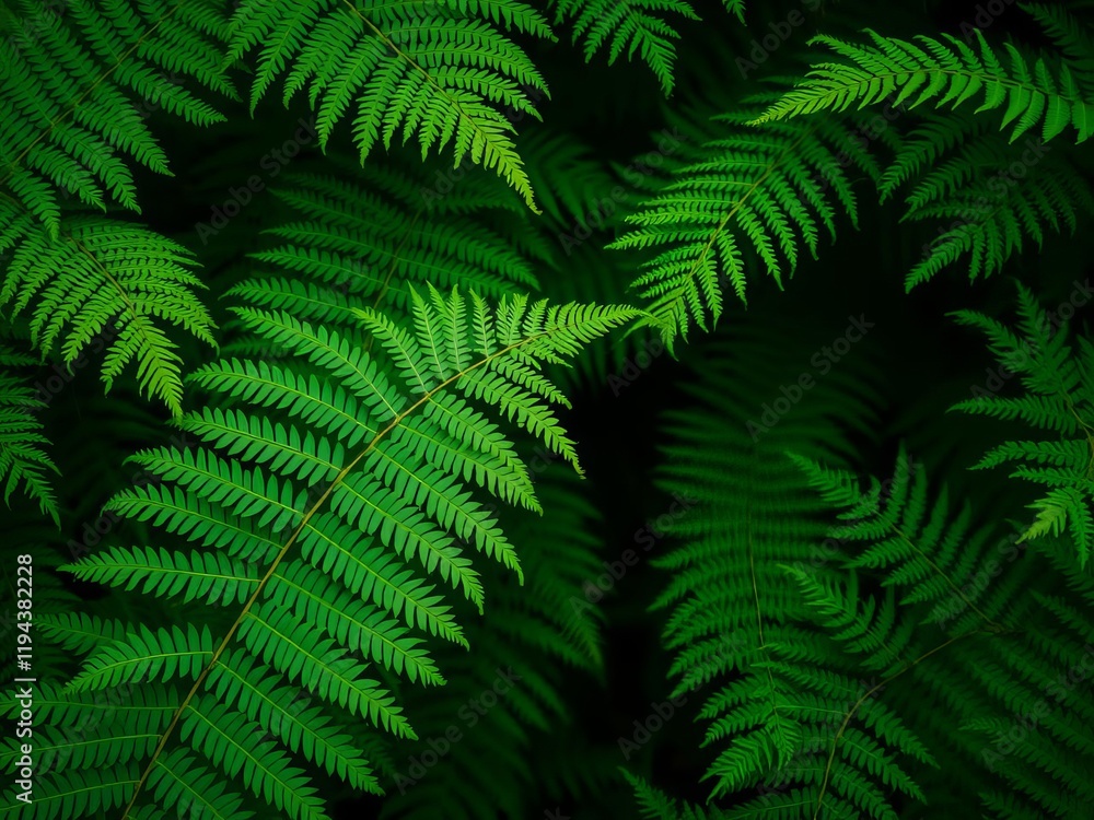 Close-up image of vibrant green fern leaves against a dark background, detail, forest Close-up image of vibrant green fern leaves against a dark background, detail, forest