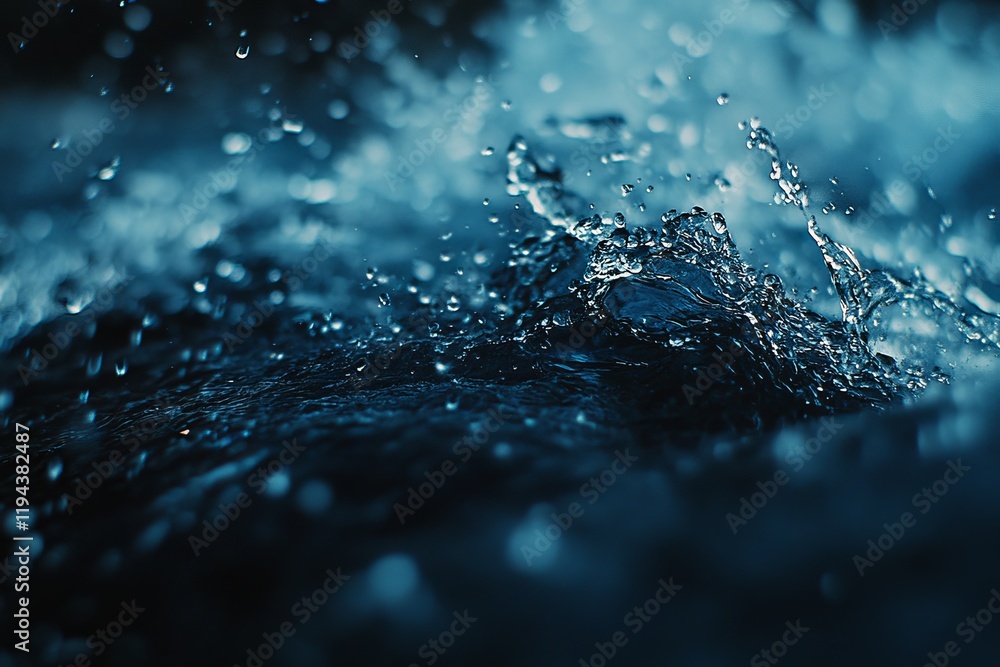 Close-up of splashing water, dark blue tones, dynamic movement. Close-up of splashing water, dark blue tones, dynamic movement.