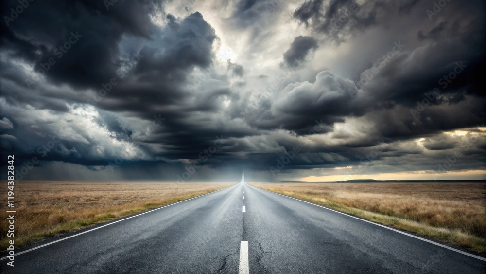 Naklejka premium Asphalt Road Leading Through Stormy Skies Towards a Bright Horizon