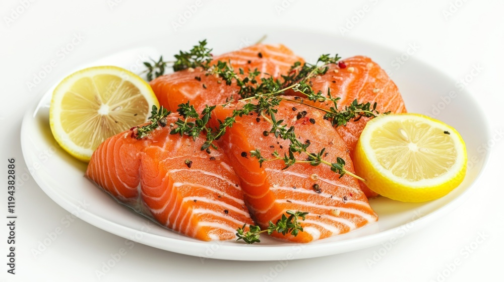 Close-up of a garnished salmon dish with herbs and lemon slices on a white plate, against a plain white background, focusing on the presentation. Close-up of a garnished salmon dish with herbs and lemon slices on a white plate, against a plain white background, focusing on the presentation.