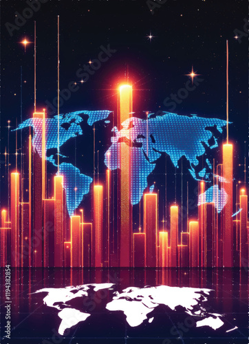 vector of futuristic poster with glowing bar graphs and stylized holographic global maps behind