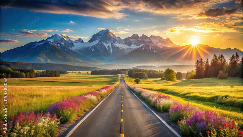 Fototapeta premium Scenic Highway Journey Through Vibrant Meadow Towards Majestic Mountain Peaks at Sunrise