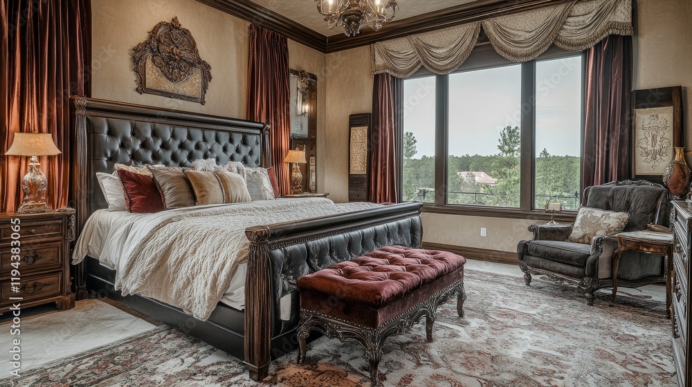 Fototapeta premium Elegant and luxurious master suite featuring a king-sized bed, plush velvet upholstery, and opulent textures, ideal for relaxation