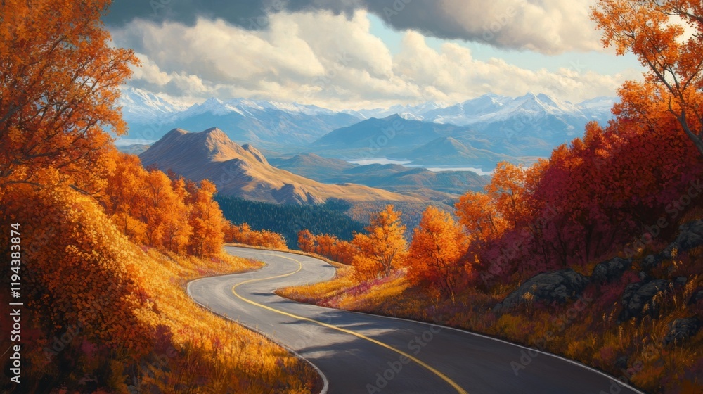 Φωτογραφία Close-up of a picturesque mountain road with sharp curves and stunning vistas of distant mountain ranges, framed by vibrant autumn foliage
