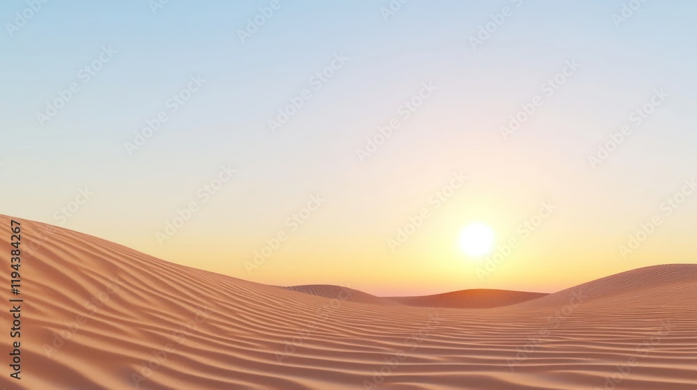 Fototapeta premium Serene desert landscape at sunset with gentle sand dunes.