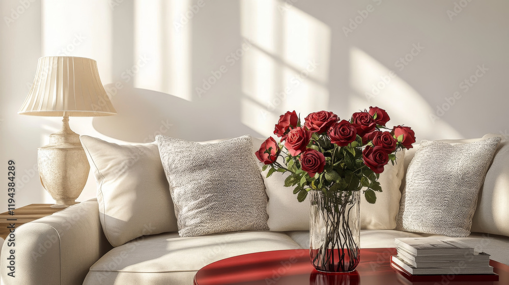 Naklejka premium Home interior stuff set, coffee table with red cloth, lamp with lampshade and vase with rose flowers, classic style furniture and accessories isolated on white background. Cartoon vector illustration