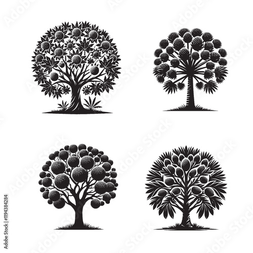 High-Quality Monochrome Vector Silhouettes of the Breadfruit Tree Isolated on a White Background