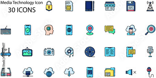 Set of Media Technology icons. Line art style icons bundle. vector illustration photo