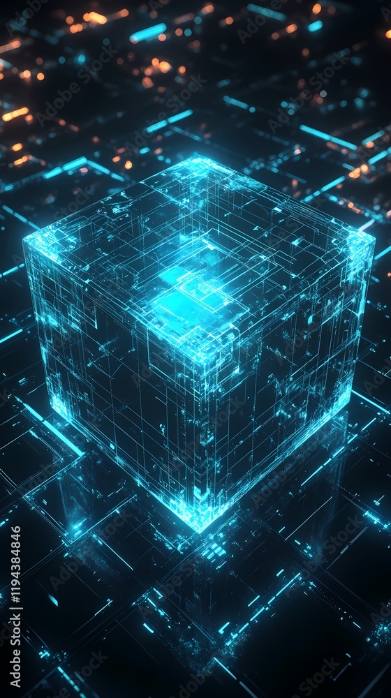Fototapeta premium Digital technology blue and black decorative cube poster background