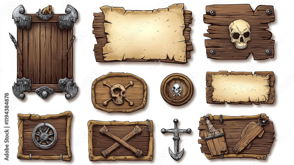 Obraz premium Pirate adventure game ui elements isolated on background. Vector cartoon illustration of wooden boards with iron frames, menu background, blank old paper sheet, victory and defeat badges, nameplates