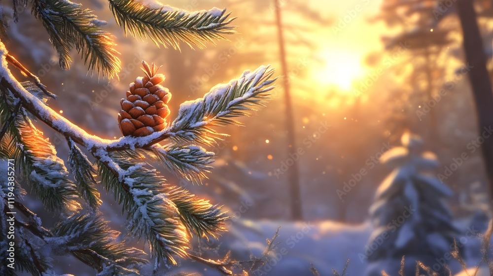 Snow Covered Pine Branch With Cone At Sunset Snow Covered Pine Branch With Cone At Sunset