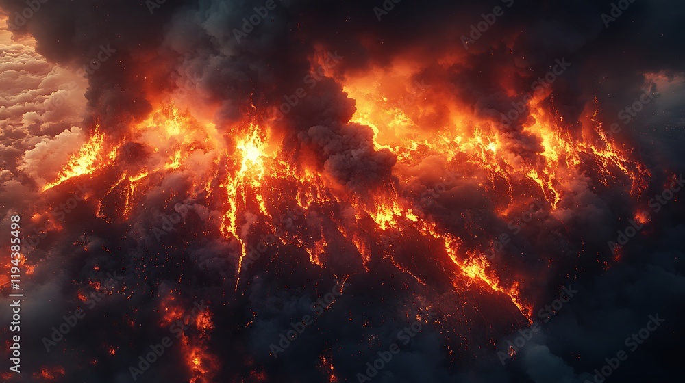 Fiery Inferno: An aerial view of a raging inferno, a mesmerizing yet ominous spectacle of fire and smoke billowing against a darkened sky. Fiery Inferno: An aerial view of a raging inferno, a mesmerizing yet ominous spectacle of fire and smoke billowing against a darkened sky.