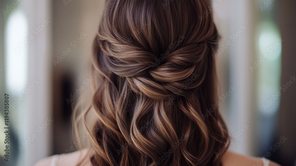 Close-up of a womans hair styled in a trendy, half-up, half-down look, with soft curls and a polished, sophisticated finish. Close-up of a womans hair styled in a trendy, half-up, half-down look, with soft curls and a polished, sophisticated finish.