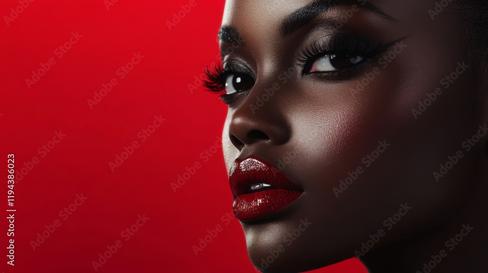 Close-up of a woman with a flawless makeup look, featuring a glowing complexion, dramatic eye makeup, and a bright red lip, showcasing her polished appearance. Close-up of a woman with a flawless makeup look, featuring a glowing complexion, dramatic eye makeup, and a bright red lip, showcasing her polished appearance.