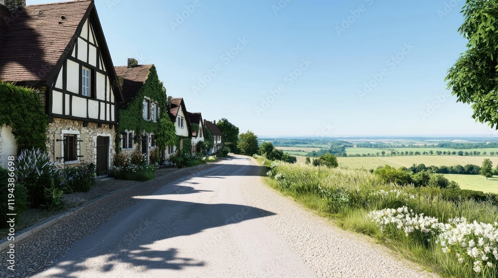 Scenic countryside road lined with charming houses and greenery. Scenic countryside road lined with charming houses and greenery.