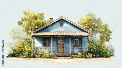 Rustic Blue House Amidst Lush Greenery: A Serene Countryside Scene