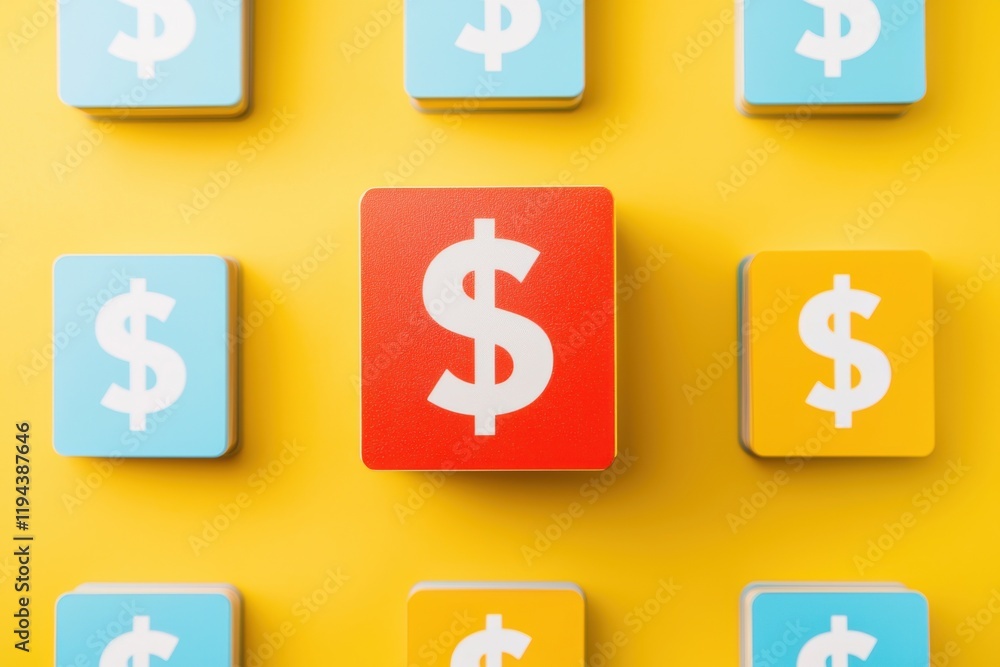 Colorful tiles featuring dollar signs arranged on a bright yellow background, emphasizing themes of finance and value. Colorful tiles featuring dollar signs arranged on a bright yellow background, emphasizing themes of finance and value.