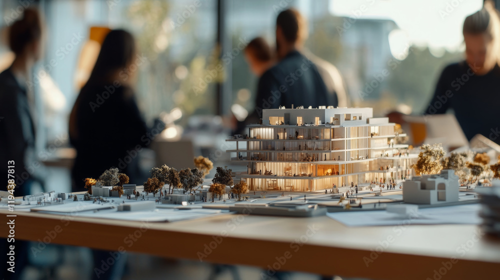 collaborative team is reviewing project plans with building model in modern workspace. atmosphere is focused and creative, showcasing teamwork and architectural design collaborative team is reviewing project plans with building model in modern workspace. atmosphere is focused and creative, showcasing teamwork and architectural design