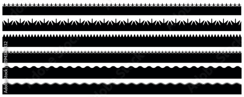 Set of 6 isolated seamless decorative vector edges for design. Scalloped edge seamless brush strokes set. Simple scalloped border. 