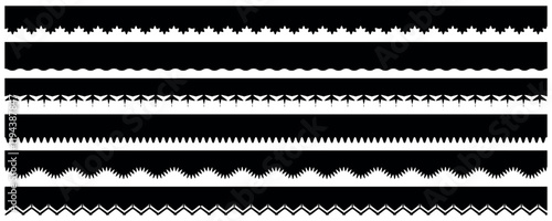 Scalloped edge border frilly stroke divider black silhouette elements seamless frame. Traditional simple ornament with circles, embroidery ribbon. Vector illustration isolated on white background. 