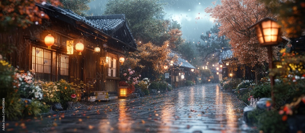 Rainy Night in a Japanese Village: A Serene Autumn Scene Rainy Night in a Japanese Village: A Serene Autumn Scene