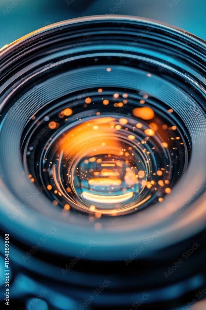 A close-up of a camera lens with light reflections and particles. A close-up of a camera lens with light reflections and particles.