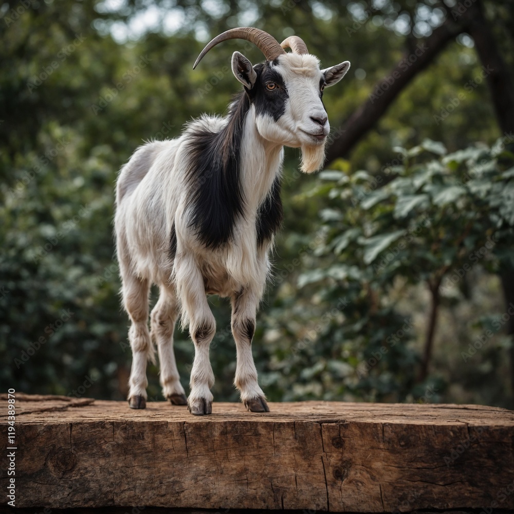 A formidable Goat standing on a rock surrounded by trees and vegetation. Splendid nature concept. Young goat standing next to tree. pashmina goat on the meadow. A formidable Goat standing on a rock surrounded by trees and vegetation. Splendid nature concept. Young goat standing next to tree. pashmina goat on the meadow.