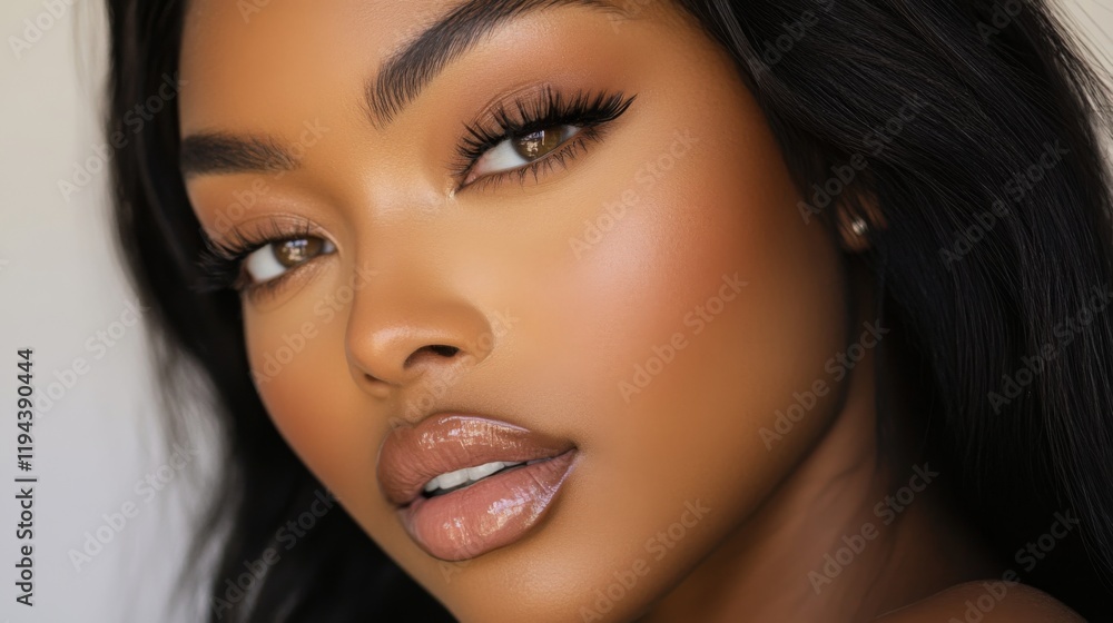 Fototapeta premium Detailed shot of a woman with perfect makeup application, including defined brows, radiant foundation, and glossy lips, emphasizing her polished beauty.