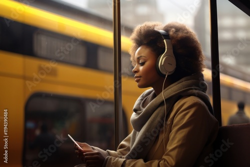 Woman listening to music with headphones. photo