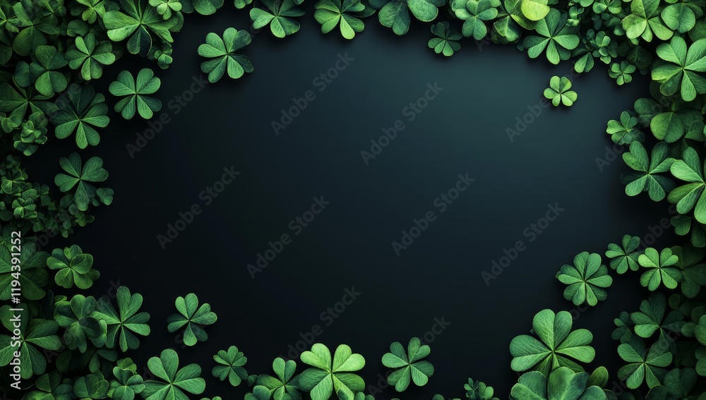 Green clover leaves frame on dark background. Green clover leaves frame on dark background.