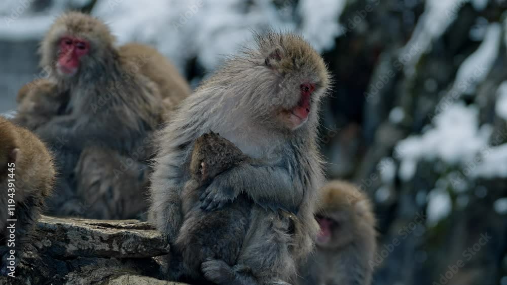 Nestled in the tranquil snowy landscape, this touching moment captures the essence of maternal care among Japanese macaques.