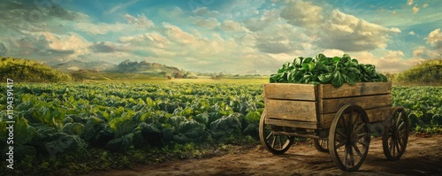 Serene Harvest: Rustic Wooden Cart Laden with Fresh Greens Amidst a Verdant Field Under a Cloudy Sky photo