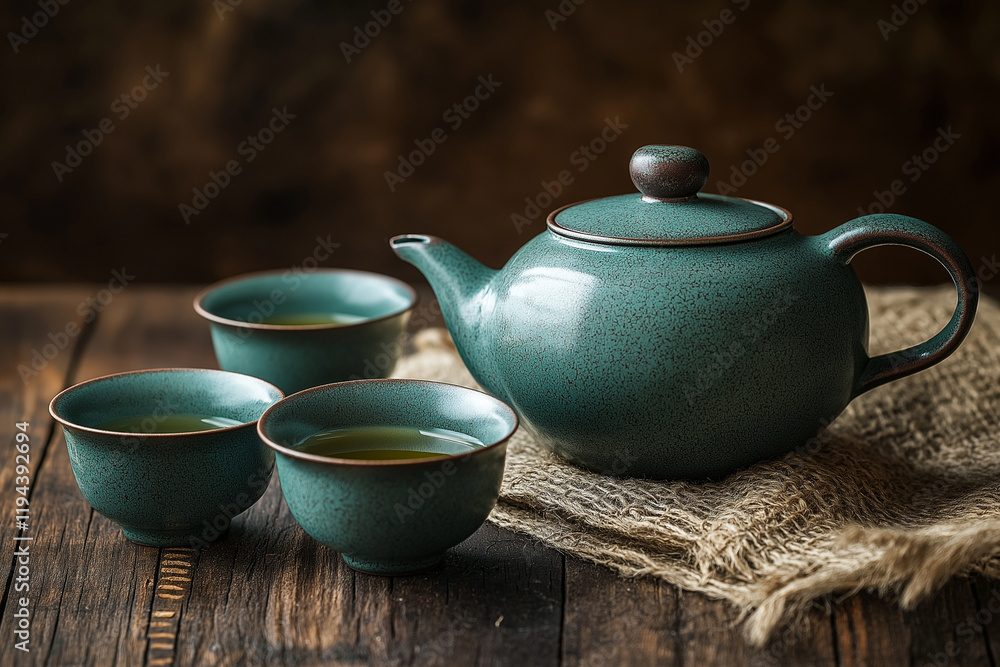 An elegant teapot and two green chinese tea cups on an old wooden table, with a dark wood background, exuding traditional charm and texture. An elegant teapot and two green chinese tea cups on an old wooden table, with a dark wood background, exuding traditional charm and texture.