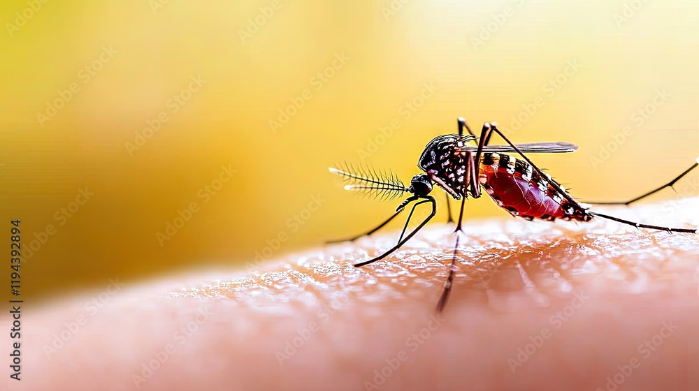 Naklejka premium Aedes aegypti mosquito on human skin under bright natural light. Symbolic of Yellow Fever transmission risks.