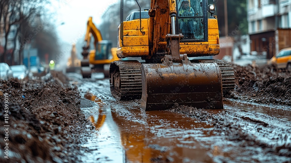 Muddy Construction Site: Excavators at Work