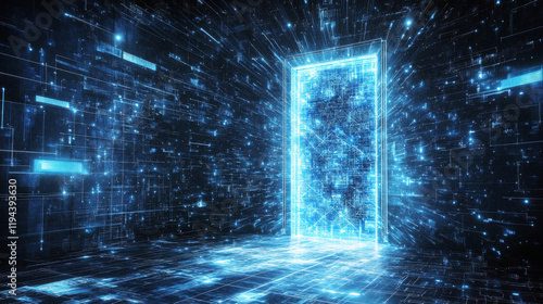 Futuristic open door with digital technology neon light pattern on wall. Realistic 3d vector illustration of portal to tech future with opportunities. Abstract metaverse teleport gate with glow effect