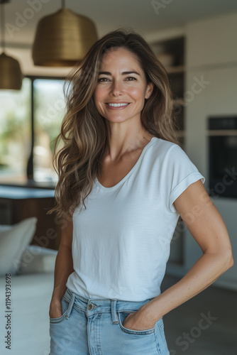 A professional photograph of an attractive woman in her mid-40s standing and smiling at the camera, wearing jeans and a white t-shirt. She is inside a modern home with large glassWomen's T-shirt mocku photo