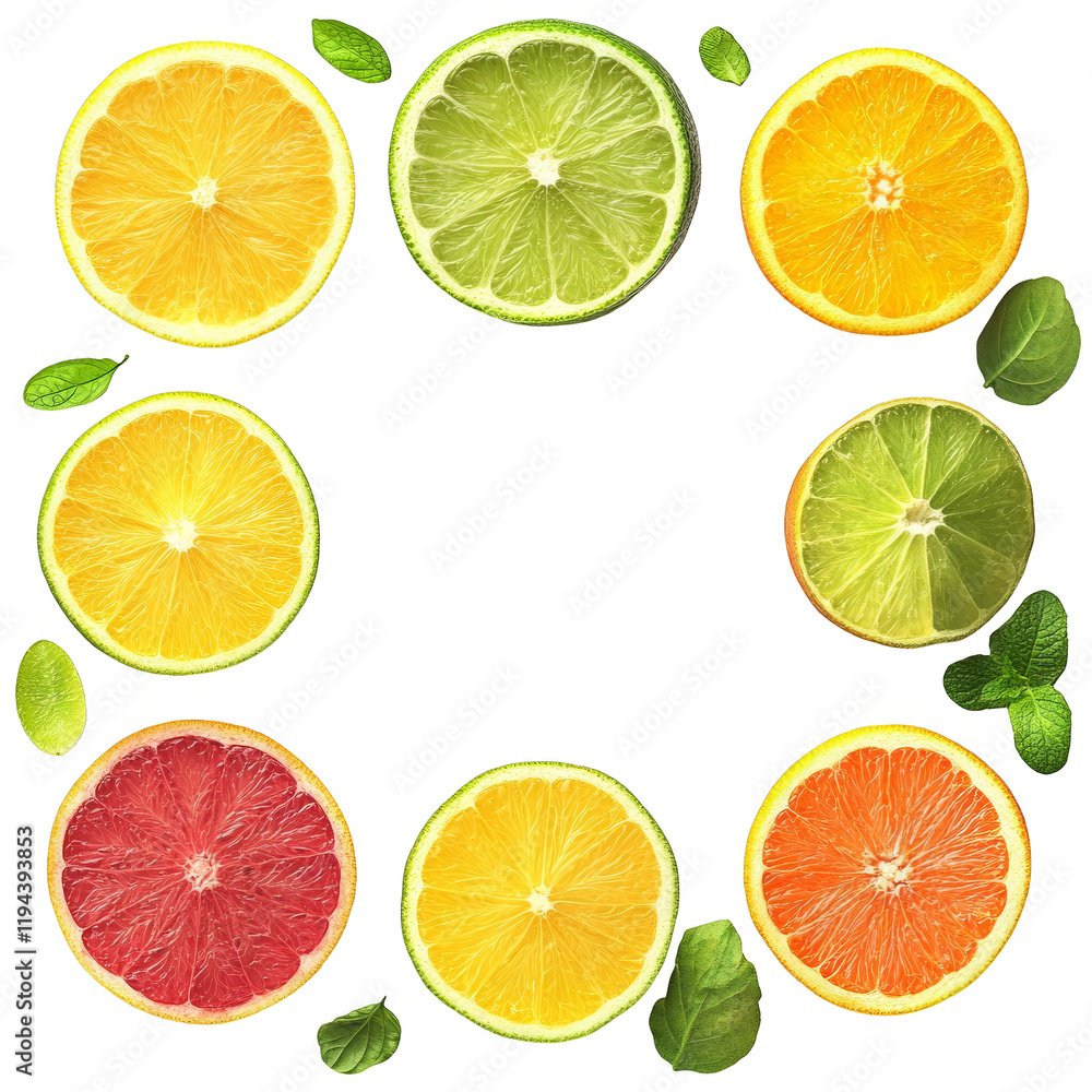 Obraz premium Colorful citrus slices with green leaves transparency background