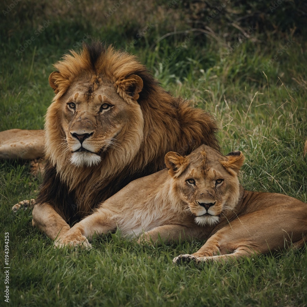 Photograph a lion pride lounging together in the grass. Photograph a lion pride lounging together in the grass.