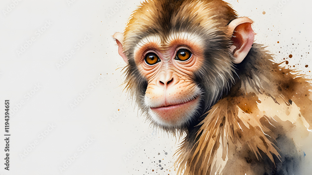 A creative watercolor depiction of a monkey, combining bold brushwork and expressive details to enhance its charm. A creative watercolor depiction of a monkey, combining bold brushwork and expressive details to enhance its charm.