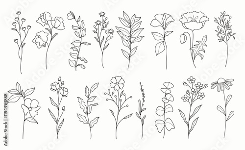 Flower outline floral clipart set. Spring flowers drawing lines in black and white hand drawn clip art flat graphic elements collection. Vector illustration flora outline pattern set. 

